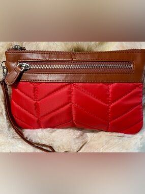 Red Quilted Crossbody Wristlet with Brown Trim